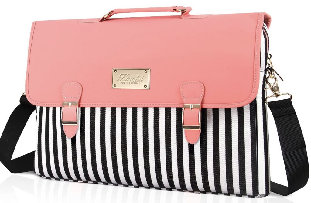 Pink striped laptop bag. 