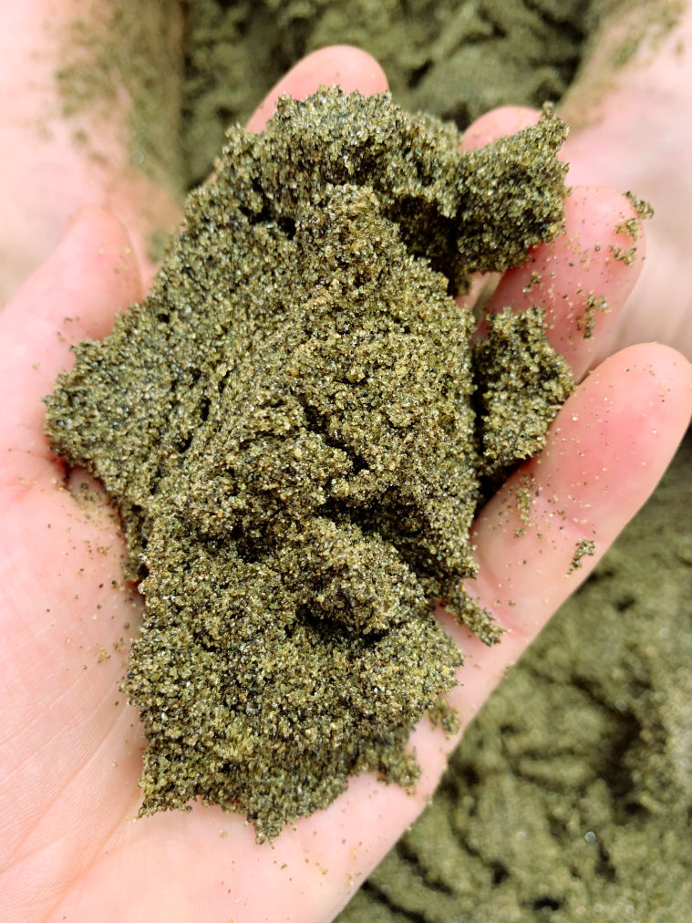 Close up of green sand in a hand.