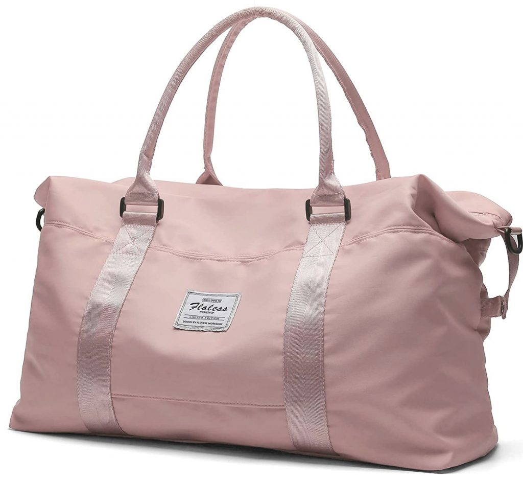 Pink duffel bag. 